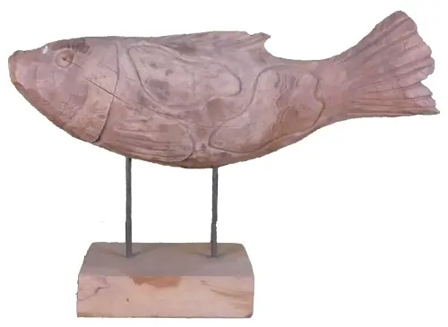 Product image of the product “carved koi wood on stand S made from teak root pieces, 53cm length ”